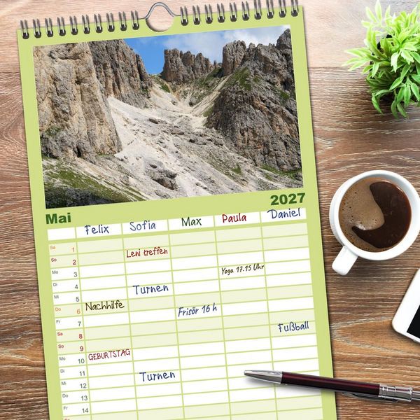 Produktbild: Familienplaner 2027 - Wandern im Rosengarten und Latemar mit 5 Spalten (Wandkalender, 21 x 45 cm) CALVENDO