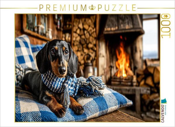 CALVENDO Puzzle Dackel mit Schal in Berghütte - gemütliches Hundepuzzle aus Bayern | 1000 Teile Lege-Größe 64x48cm Foto-Puzzle für glückliche Stunden