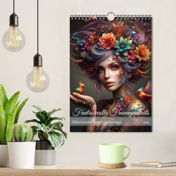 Produktbild: Fantasievolle Frauenportr&auml;ts - Bl&uuml;tenzauber und Paradiesv&ouml;gel (Wandkalender 2026 DIN A4 hoch), CALVENDO Monatskalender
