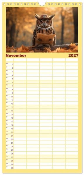 Produktbild: Familienplaner 2027 - Eulen im Wald - Die geheimen Jobs und Aufgaben mit 5 Spalten (Wandkalender, 21 x 45 cm) CALVENDO
