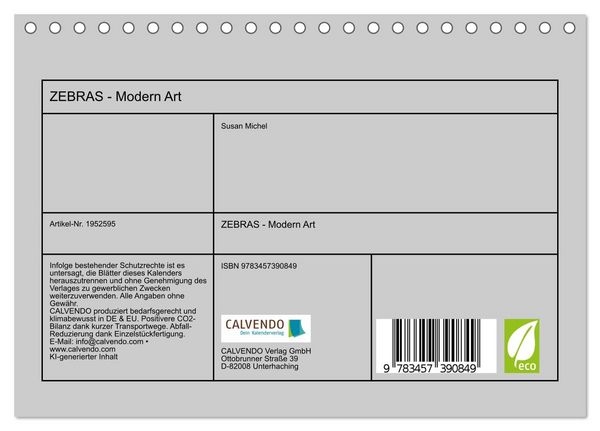 Produktbild: ZEBRAS - Modern Art (Tischkalender 2026 DIN A5 quer), CALVENDO Monatskalender
