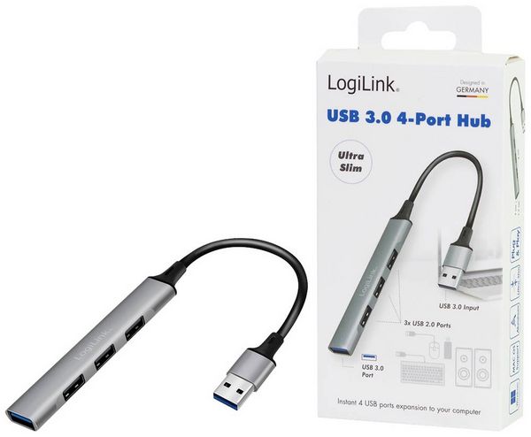Produktbild: LogiLink UA0391 USB-Hub 4 Port USB-A USB 3.0 5 GBit/s Aluminium-Grau UA0391