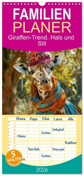 Produktbild: Familienplaner 2026 - Giraffen-Trend. Hals und Stil mit 5 Spalten (Wandkalender, 21 x 45 cm) CALVENDO