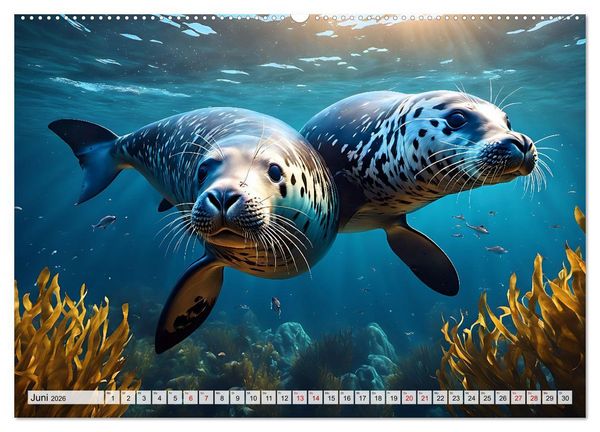 Produktbild: Freche Seehunde (hochwertiger Premium Wandkalender 2026 DIN A2 quer), Kunstdruck in Hochglanz