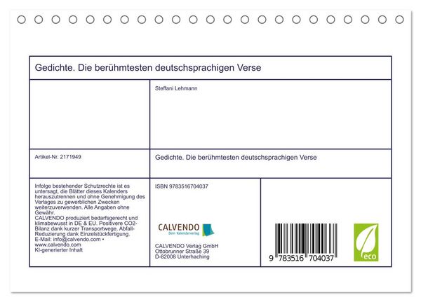 Produktbild: Gedichte. Die ber&uuml;hmtesten deutschsprachigen Verse (Tischkalender 2026 DIN A5 quer), CALVENDO Monatskalender