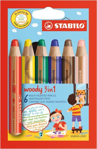 Produktbild: STABILO Buntstift, Wasserfarbe & Wachsmalkreide - woody 3 in 1 - 6er Pack - mit 6 verschiedenen Farben