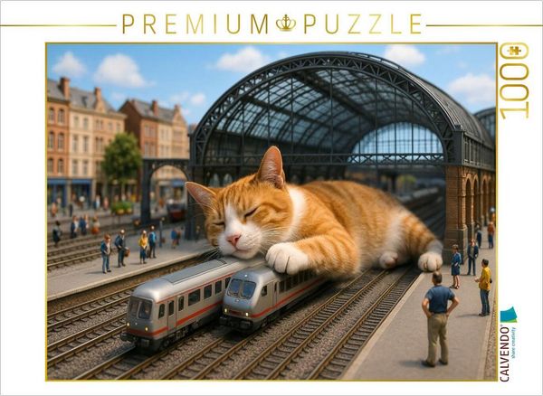 CALVENDO Puzzle Heute Verspätung auf unbestimmte Zeit - riesige Katze schläft im Bahnhof | 1000 Teile Lege-Größe 64x48cm Foto-Puzzle für glückliche Stunden