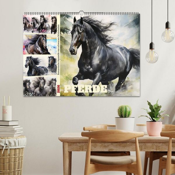 Produktbild: Pferde. Romantische Aquarelle von schwarzen Sch&ouml;nheiten (Wandkalender 2026 DIN A2 quer), CALVENDO Monatskalender
