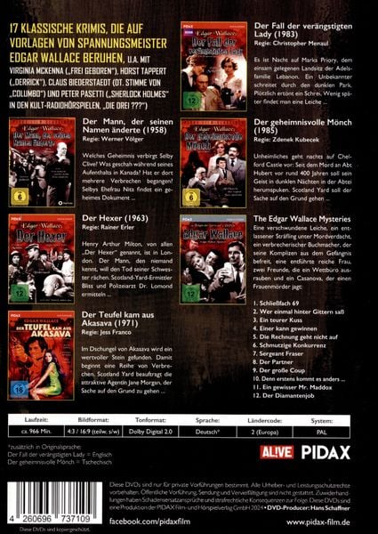 Produktbild: Die gro&szlig;e Edgar Wallace Krimi-Collection / 17 Verfilmungen der beliebten Edgar-Wallace-Krimis (Pidax Film- und H&ouml;rspielverlag) [9 DVDs]