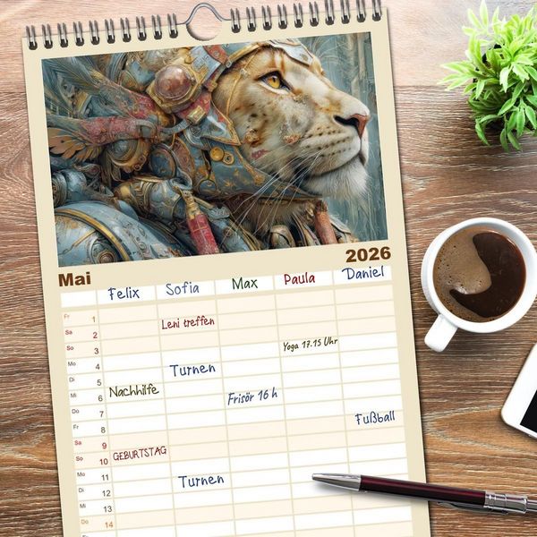 Produktbild: Familienplaner 2026 - Dieselpunk - Portraits von Menschen und Tieren mit 5 Spalten (Wandkalender, 21 x 45 cm) CALVENDO