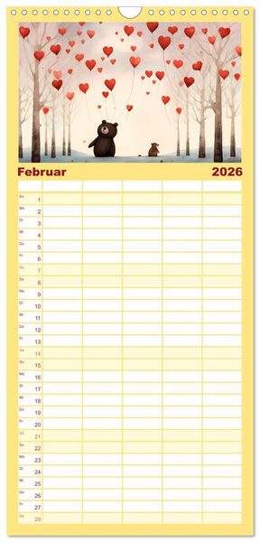 Produktbild: Familienplaner 2026 - B&auml;rige Illustrationen mit 5 Spalten (Wandkalender, 21 x 45 cm) CALVENDO