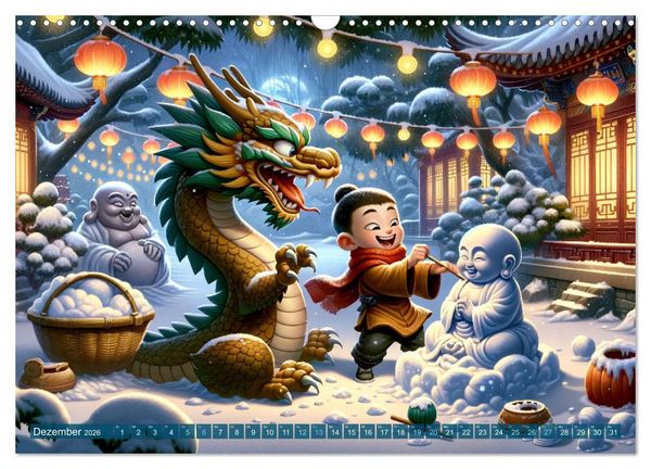 Produktbild: M&ouml;nch und Drache: Vier Jahreszeiten im Tempelgarten (Wandkalender 2026 DIN A3 quer), CALVENDO Monatskalender