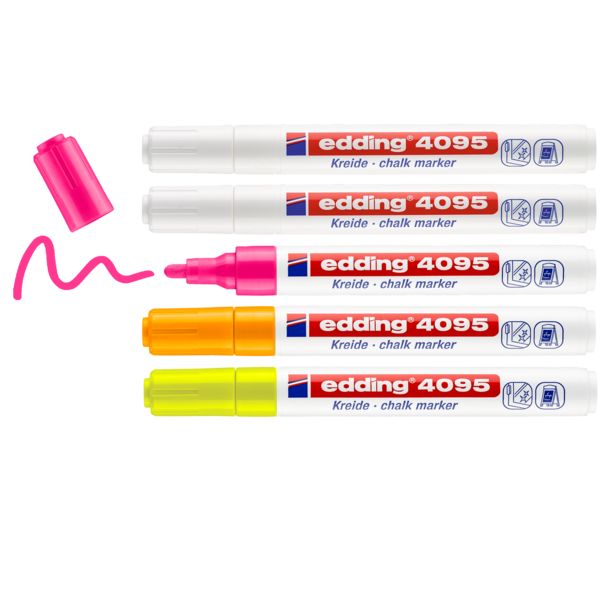 Produktbild: edding Kreidemarker 4095 Rundspitze, wei&szlig;, gelb, orange, pink, 5er Set
