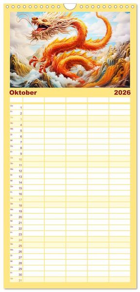 Produktbild: Familienplaner 2026 - Drachen-Jahr - Kalenderplaner im Stile des chinesischen Tierkreiszeichens mit 5 Spalten (Wandkalender, 21 x 45 cm) CALVENDO