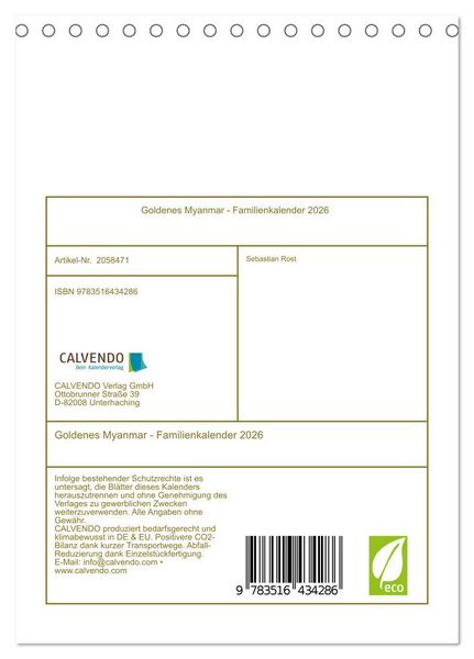Produktbild: Goldenes Myanmar - Familienkalender 2026 (Tischkalender 2026 DIN A5 hoch), CALVENDO Monatskalender