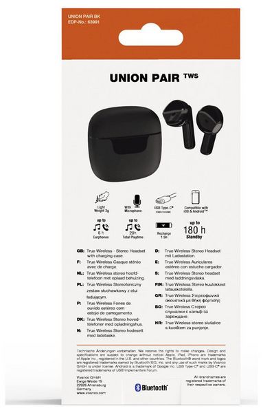 Produktbild: Vivanco UNION PAIR BK In Ear Kopfhörer Bluetooth®, Kabellos Stereo Schwarz Batterieladeanzeige, Ladecase