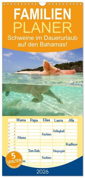 Produktbild: Familienplaner 2026 - Schweine im Dauerurlaub auf den Bahamas! mit 5 Spalten (Wandkalender, 21 x 45 cm) CALVENDO