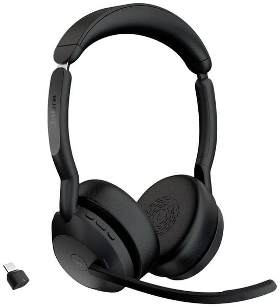 Jabra Evolve 2 55 MS Stereo Computer On Ear Headset Bluetooth® Stereo Schwarz Noise Cancelling, Mikrofon-Rauschunterdrüc