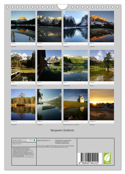 Produktbild: Bergseen S&uuml;dtirols (Wandkalender 2026 DIN A4 hoch), CALVENDO Monatskalender