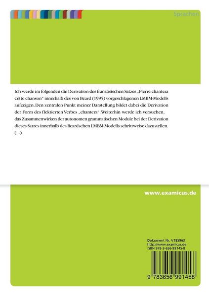 Produktbild: Beispiel einer flexionalen Derivation im Rahmen des Beardschen Modells einer "Lexeme-Morphem-Base-Morphology" (LMBM)