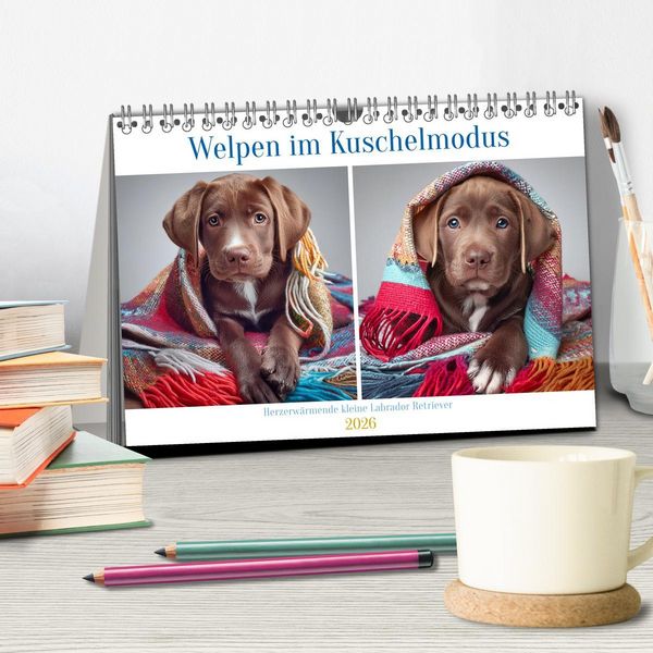Produktbild: Welpen im Kuschelmodus - Herzerw&auml;rmende kleine Labrador Retriever (Tischkalender 2026 DIN A5 quer), CALVENDO Monatskalender
