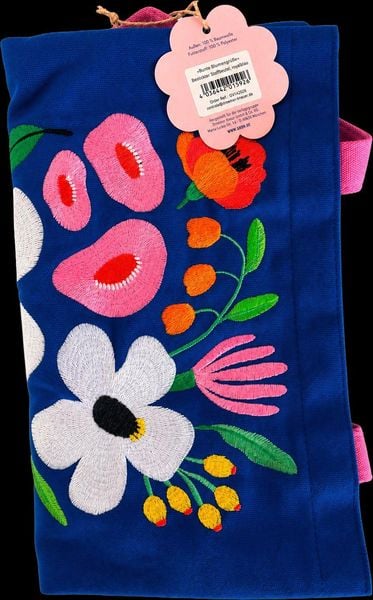 Produktbild: Bunte Blumengr&uuml;&szlig;e Bestickter Stoffbeutel royalblau