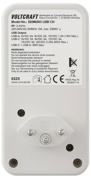 Produktbild: VOLTCRAFT SEM6503 CH Energiekosten-Messger&auml;t USB-Schnittstelle, inkl. Funksteckdose, Datenexport, Datenloggerfunktion
