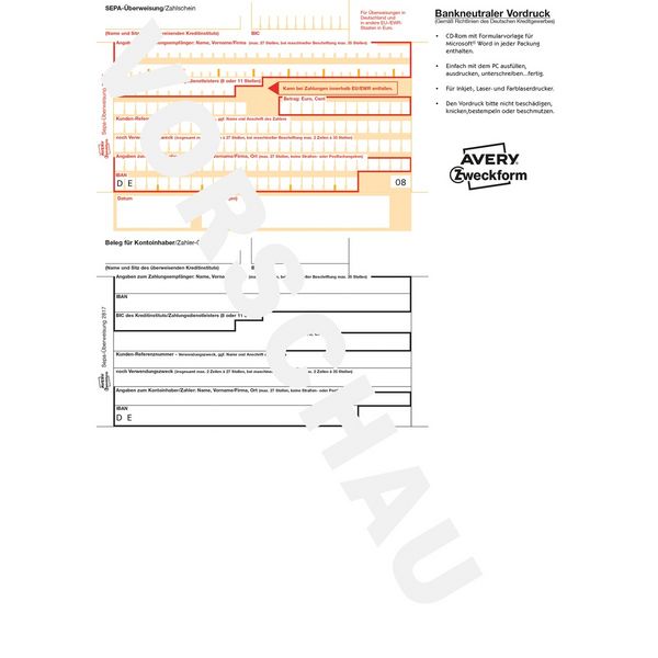 Produktbild: AVERY Zweckform SEPA &Uuml;berweisung PC-Druckerformular inkl. Software DIN A4 100 Blatt