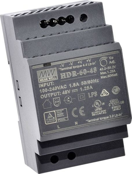 Produktbild: MEAN WELL HDR-60-24 Hutschienen-Netzteil (DIN-Rail) 24 V/DC 2.5 A 60 W Anzahl Ausg&auml;nge:1 x Inhalt 1 St.
