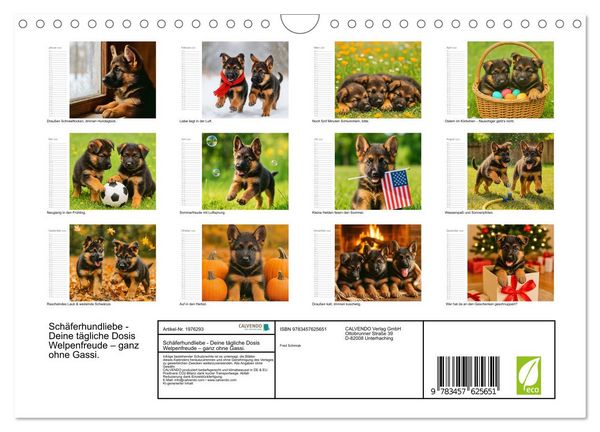 Produktbild: Sch&auml;ferhundliebe - Deine t&auml;gliche Dosis Welpenfreude &ndash; ganz ohne Gassi. (Wandkalender 2026 DIN A4 quer), CALVENDO Monatskalender