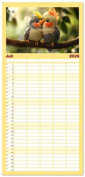 Produktbild: Familienplaner 2026 - Klein, laut, lustig - Nymphensittiche mit 5 Spalten (Wandkalender, 21 x 45 cm) CALVENDO