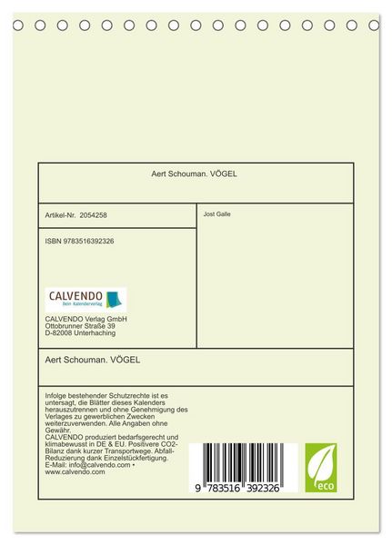 Produktbild: Aert Schouman. V&Ouml;GEL (Tischkalender 2026 DIN A5 hoch), CALVENDO Monatskalender