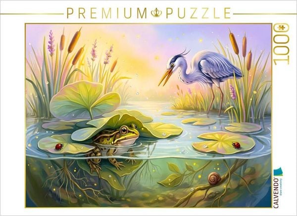 CALVENDO Puzzle Frosch versteckt sich vorsichtig unter Seerosenblättern vor dem Graureiher | 1000 Teile Lege-Größe 64 × 48 cm Foto-Puzzle für glückliche Stunden