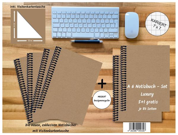 A 6 Notizbuch - Set, 5+1 gratis, Luxury 80 Seiten MUSKAT Designerecycling, kariert 7x7mm