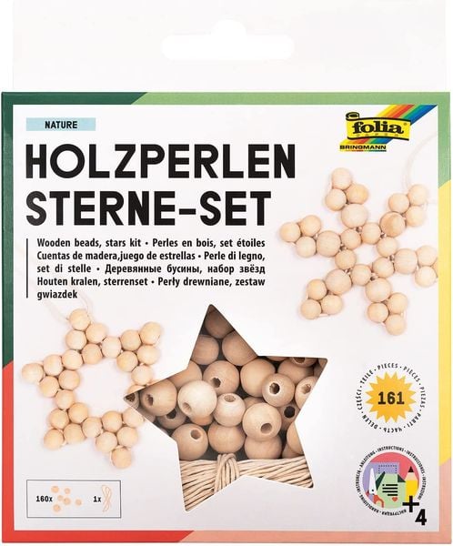 Folia Holzperlen Sterne Set NATURE, 161-teilig