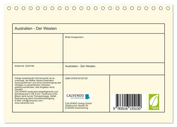 Produktbild: Australien - Der Westen (Tischkalender 2026 DIN A5 quer), CALVENDO Monatskalender