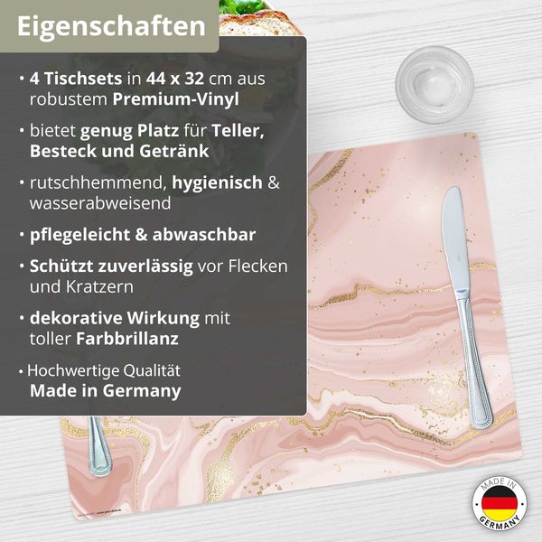 Produktbild: Tischsetmacher Tischsets rosa Marmor mit Goldadern, aus hochwertigem Vinyl (4 St&uuml;ck), 44 x 32 cm