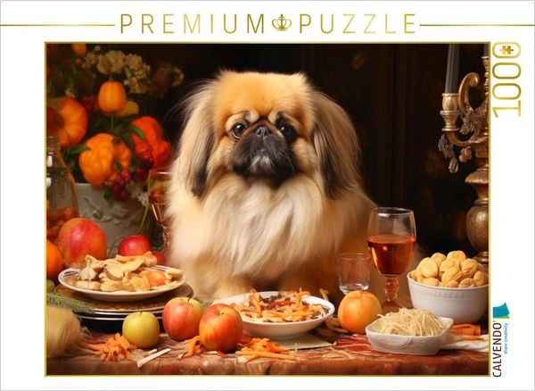Produktbild: CALVENDO Puzzle Lieblicher Pekinese am herbstlich gedeckten Tisch | 1000 Teile Lege-Gr&ouml;&szlig;e 64x48cm Foto-Puzzle f&uuml;r gl&uuml;ckliche Stunden