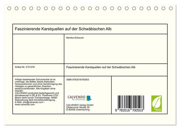 Produktbild: Faszinierende Karstquellen auf der Schw&auml;bischen Alb (Tischkalender 2026 DIN A5 quer), CALVENDO Monatskalender