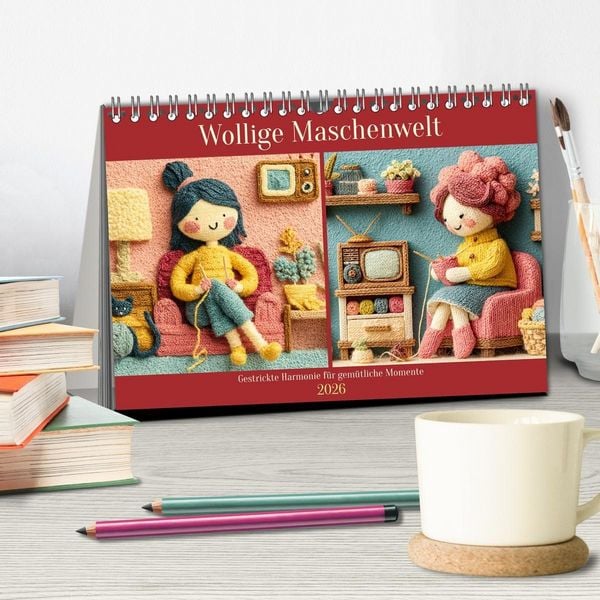 Produktbild: Wollige Maschenwelt. Gestrickte Harmonie f&uuml;r gem&uuml;tliche Momente (Tischkalender 2026 DIN A5 quer), CALVENDO Monatskalender