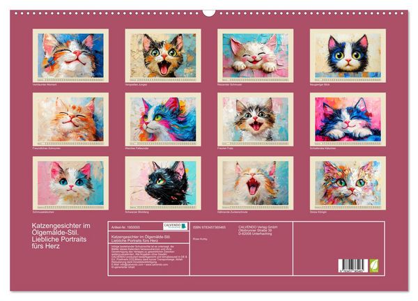 Produktbild: Katzengesichter im &Ouml;lgem&auml;lde-Stil. Liebliche Portraits f&uuml;rs Herz (Wandkalender 2026 DIN A2 quer), CALVENDO Monatskalender
