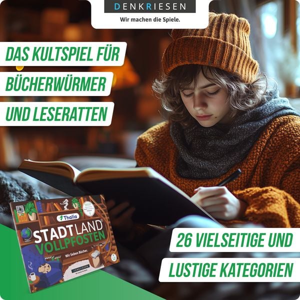 Produktbild: DENKRIESEN - Stadt Land Vollpfosten® Thalia Edition – "Wir lieben Bücher." ¦ A4 Spielblock