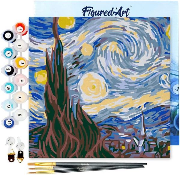 Produktbild: FiguredArt SFA089-Y - Mini Malen nach Zahlen, Van Gogh - Sternennacht, Leinwand-Keilrahmen 20x20cm, DIY Bastelset, Paint by Numbers