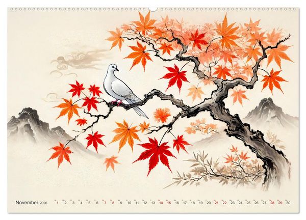 Produktbild: Federleicht - Vogelwelt im Stile asiatischer Tuschmalerei (hochwertiger Premium Wandkalender 2026 DIN A2 quer), Kunstdruck in Hochglanz