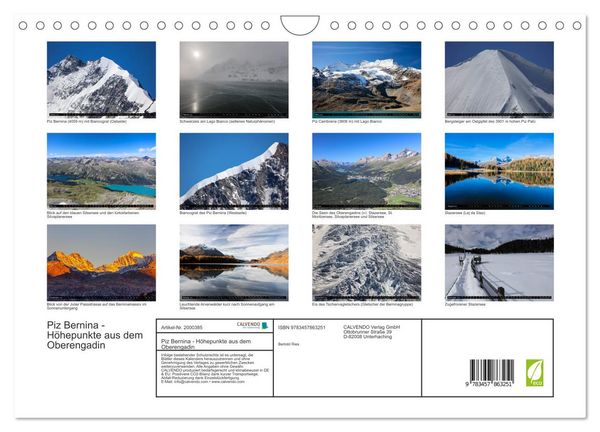 Produktbild: Piz Bernina - H&ouml;hepunkte aus dem Oberengadin (Wandkalender 2026 DIN A4 quer), CALVENDO Monatskalender