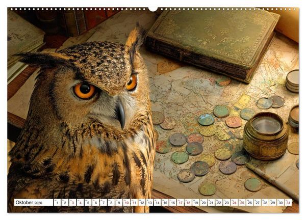 Produktbild: Eulen im Einsatz - 365 Tage voller schr&auml;ger Federf&uuml;hrung (hochwertiger Premium Wandkalender 2026 DIN A2 quer), Kunstdruck in Hochglanz