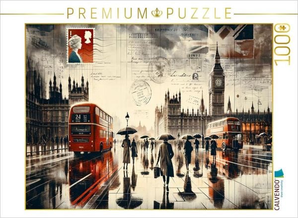 CALVENDO Puzzle Zeitlose Reflexionen: London im Regen durch das Auge der KI | 1000 Teile Lege-Größe 64x48cm Foto-Puzzle für glückliche Stunden