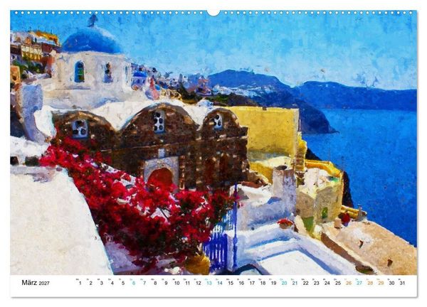 Produktbild: Urlaub auf Santorin - Gemalte Ansichten der Kykladeninsel (hochwertiger Premium Wandkalender 2027 DIN A2 quer), Kunstdruck in Hochglanz