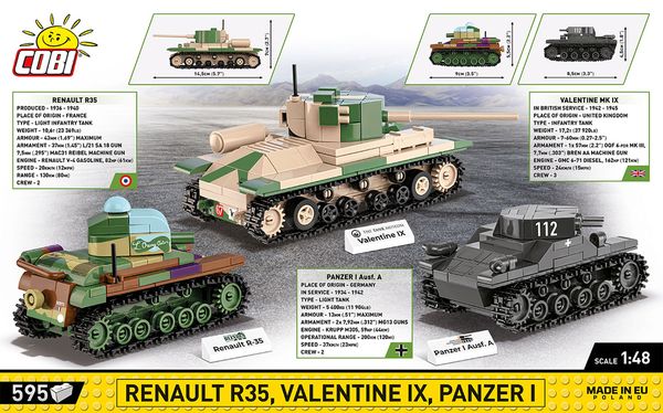 Produktbild: COBI Historical Collection 2740 - Renault R35, Valentine IX, Panzer I, Bausatz 1:48, 595 Klemmbausteine