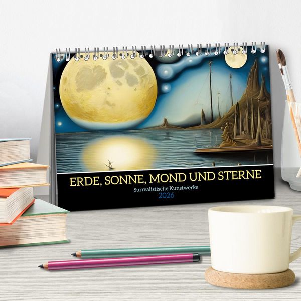 Produktbild: Erde, Sonne, Mond und Sterne Surrealistische Kunstwerke (Tischkalender 2026 DIN A5 quer), CALVENDO Monatskalender